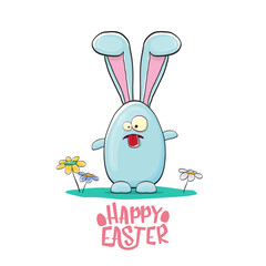 Happy easter greeting card with funny cartoon smiling blue bunny . Easter h2and drawn banner or poster with funky rabbit.