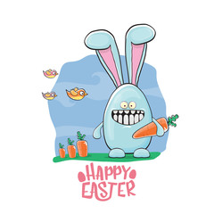 Happy easter greeting card with funny cartoon smiling blue bunny . Easter h2and drawn banner or poster with funky rabbit.