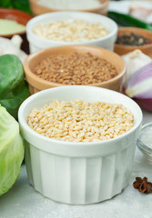 Barley porridge in a bowl close-up. Healthy eating Great food. Vegetarian food. Culinary background. Food background.