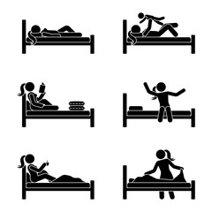 Stick figure woman lying in bed, reading book, drinking coffee, playing with kid, stretching, making bed vector illustration pictogram set on white