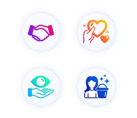 Health eye, Hold heart and Handshake icons simple set. Button with halftone dots. Cleaning sign. Optometry, Care love, Deal hand. Maid service. People set. Gradient flat health eye icon. Vector