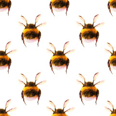 Watercolor seamless pattern. Bumblebee/bee, insects. Watercolor hand-drawn elements - 334024597