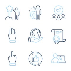 Three fingers, Refresh like and Star line icons set. Diploma certificate, save planet, group of people. Employee, Online education and Middle finger signs. Vector