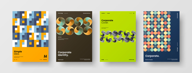Fototapeta premium Business presentation vector A4 vertical orientation front page mock up set. Corporate report cover abstract geometric illustration design layout bundle. Company identity brochure template collection.