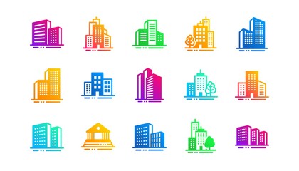 Bank, Hotel, Courthouse. Buildings icons. City, Real estate, Architecture buildings icons. Hospital, town house, museum. Urban architecture, city skyscraper. Classic set. Gradient patterns. Vector