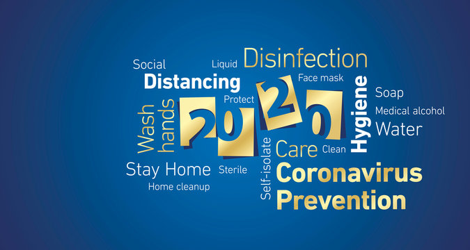 Prevention of Coronavirus Covid 19 word cloud 2020 metalic yellow blue background banner