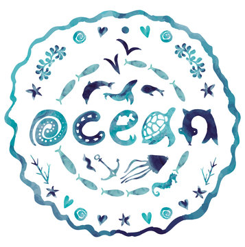 Illustration. With usage of hand made designed alphabet and other elements. Ocean life. Decorative circle.