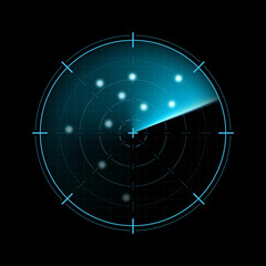 Radar isolated on dark background. Military search system. HUD radar display. Vector illustration
