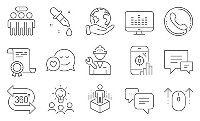 Set of Technology icons, such as Music making, Swipe up. Diploma, ideas, save planet. Call center, Comment, 360 degree. Augmented reality, Employees group, Repairman. Vector