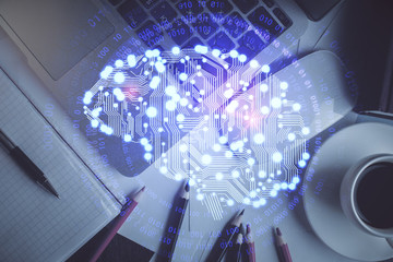 Multi exposure of brain sketch hologram over topview work table background with computer. Concept...