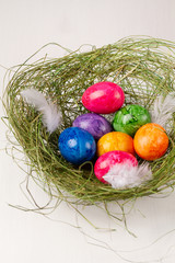 Easter eggs on white background. Colorful easter eggs in the nest