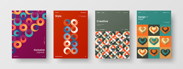 Obraz premium Business presentation vector A4 vertical orientation front page mock up set. Corporate report cover abstract geometric illustration design layout bundle. Company identity brochure template collection.