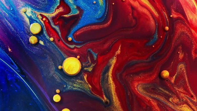 Multicolored Bubbles Of Bright Collors Moving In Paint Oil Surface Beautiful Blue Universe Of Color Slow Motion Macro Red Blue Black And Yellow
