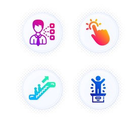 Touchpoint, Third party and Escalator icons simple set. Button with halftone dots. Winner podium sign. Touch technology, Team leader, Elevator. First place. People set. Vector