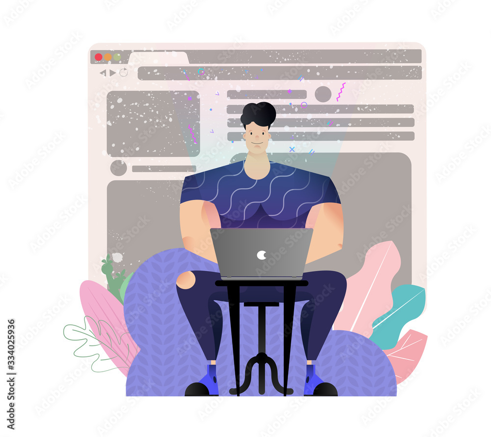 Poster Freelancer programmer creates an application remotely. Cartoon guy sitting and working on laptop. Quarantined Remote Work, Fashion Programmer. Vector illustration