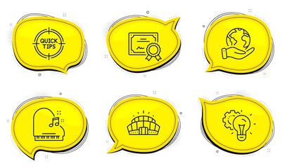 Piano sign. Diploma certificate, save planet chat bubbles. Tips, Idea gear and Arena stadium line icons set. Quick tricks, Technology process, Competition building. Fortepiano. Business set. Vector