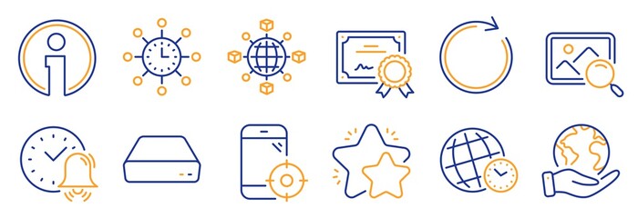 Set of Technology icons, such as Seo phone, Time zone. Certificate, save planet. Star, Search photo, Logistics network. Info, Synchronize, Alarm bell. World time, Mini pc line icons. Vector