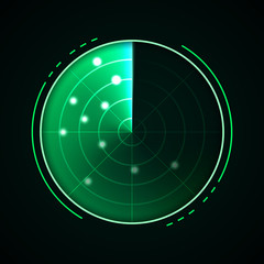Green radar isolated on dark background. Military search system. HUD radar display. Vector illustration
