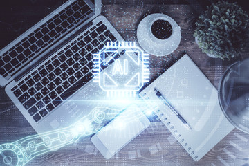 Multi exposure of data theme drawing hologram over topview work desk background with computer. Concept of technology.