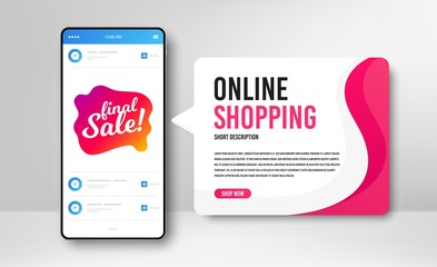 Phone banner template. Final sale badge. Discount banner shape. Coupon bubble icon. Social media banner with smartphone screen. Online shopping web template. Final sale promotion badge. Vector