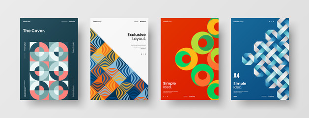 Business presentation vector A4 vertical orientation front page mock up set. Corporate report cover abstract geometric illustration design layout bundle. Company identity brochure template collection.
