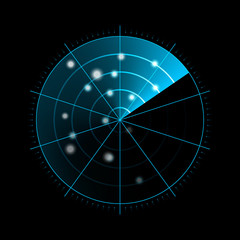 Radar isolated on dark background. Military search system. HUD radar display. Vector illustration
