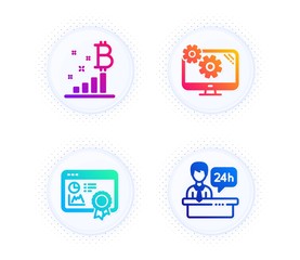 Bitcoin graph, Settings and Seo certificate icons simple set. Button with halftone dots. Reception desk sign. Cryptocurrency analytics, Cogwheel tool, Statistics. Hotel service. Business set. Vector