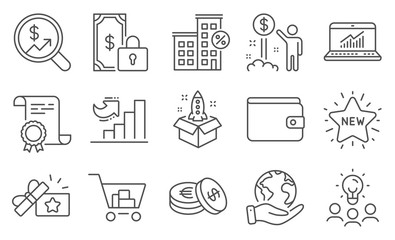 Set of Finance icons, such as Private payment, Online statistics. Diploma, ideas, save planet. Income money, Loan house, Startup. Loyalty gift, Growth chart, Money wallet. Vector