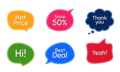 Hot price, 50% discount and best deal. Colorful chat bubbles. Thank you phrase. Sale shopping text. Chat messages with phrases. Texting thought bubbles. Vector