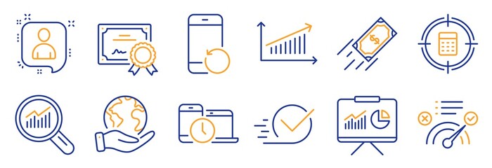 Set of Education icons, such as Data analysis, Chart. Certificate, save planet. Calculator target, Correct answer, Recovery phone. Time management, Fast payment, Checkbox. Vector