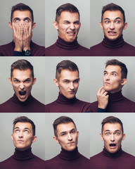 Set of young man's portraits with different emotions and gestures