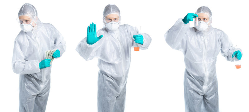 Stop coronavirus. Lab technician working in coronavirus outbreak. Pandemic medical concept with dangerous cells. Man in a respirator and protective clothing with raised hand. Isolated on white