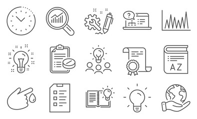 Set of Science icons, such as Checklist, Medical prescription. Diploma, ideas, save planet. Data analysis, Product knowledge, Time management. Engineering, Light bulb, Line graph. Vector