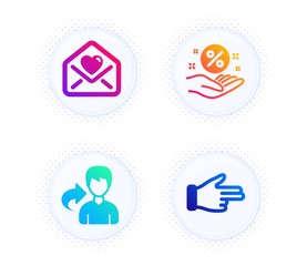 Love letter, Loan percent and Share icons simple set. Button with halftone dots. Click hand sign. Heart, Discount hand, Male user. Direction finger. People set. Gradient flat love letter icon. Vector