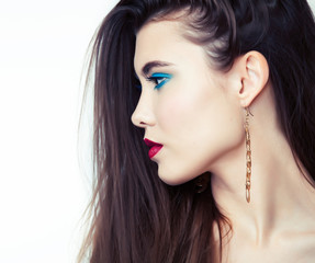 Fototapeta premium Sexy Beauty Girl with Red Lips and Nails. Provocative Make up. Luxury Woman with Blue Eyes. Fashion Brunette Portrait isolated on a white background. Gorgeous Woman Face. Long Hair