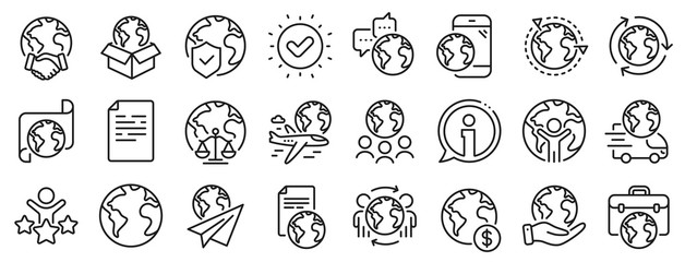 Global law, translate language, Outsource business. World business line icons. International organization, financial transactions, world map icons. Delivery service, global outsource. Vector