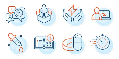 Time management, Chemistry pipette and Online education signs. Timer, Augmented reality and Instruction info line icons set. Medical drugs, Safe energy symbols. Outline icons set. Vector