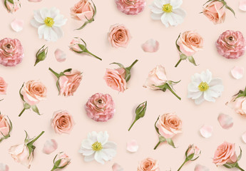 Vintage Floral pattern made of beige flowers and rosebuds. Valentines background. Flower background. Warm pattern of flowers. Flowers pattern texture. Flat lay, top view.