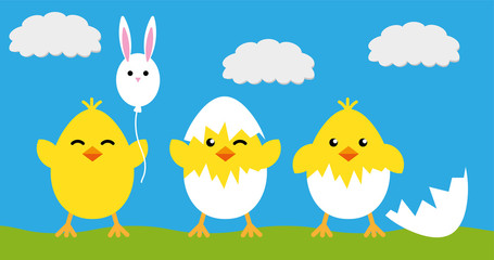 Happy Easter eggs chicks sign poster, background vector