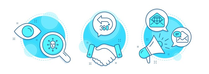 Web mail, Face biometrics and New mail line icons set. Handshake deal, research and promotion complex icons. 360 degrees sign. World communication, Facial recognition, Received e-mail. Vector