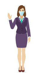 Businesswoman with medical mask  greeting someone with his hand raised up. Full length portrait of Businesswoman in a flat style.