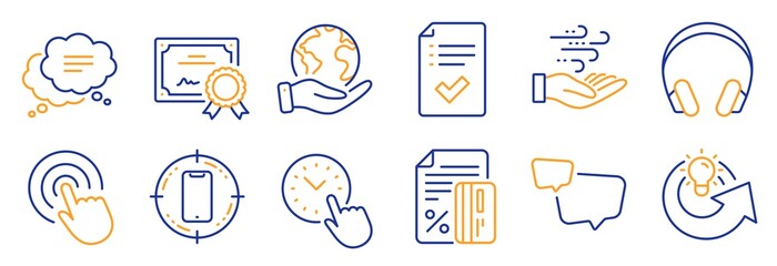 Set of Technology icons, such as Speech bubble, Wind energy. Certificate, save planet. Headphones, Time management, Click. Credit card, Text message, Approved checklist. Vector