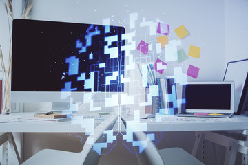 Double exposure of data theme drawing and office interior background. Concept of technology.