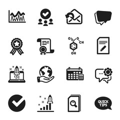 Set of Education icons, such as Edit document, Speech bubble. Certificate, approved group, save planet. Calendar, Quickstart guide, Chemical formula. Send mail, Verify, Search files. Vector