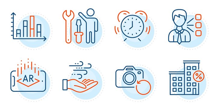 Time management, Wind energy and Recovery photo signs. Augmented reality, Repairman and Loan house line icons set. Diagram graph, Third party symbols. Phone simulation, Repair screwdriver. Vector