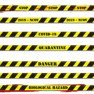 Vector illustration. Restrictive stripes with the words quarantine, covid-19, danger and stop with shadow and blood splatter on a white background. Quarantine stripes with yellow and black stripes.
