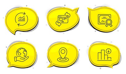 Location sign. Diploma certificate, save planet chat bubbles. Update data, Refresh website and Decreasing graph line icons set. Sales statistics, Update internet, Crisis chart. Map pointer. Vector