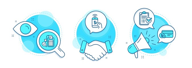 Payment method, Phone payment and Bill accounting line icons set. Handshake deal, research and promotion complex icons. Survey checklist sign. Mobile pay, Audit report, Report. Finance set. Vector