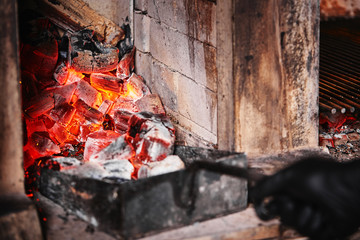 Fototapeta na wymiar Juicy beef steak flips in a barbecue flame, life style, food photo, copy space