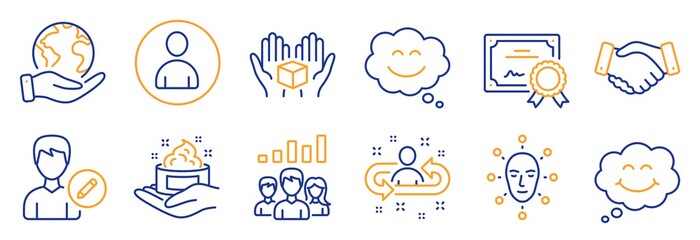 Set of People icons, such as Avatar, Employees handshake. Certificate, save planet. Smile, Smile chat, Edit person. Skin care, Recruitment, Hold box. Vector